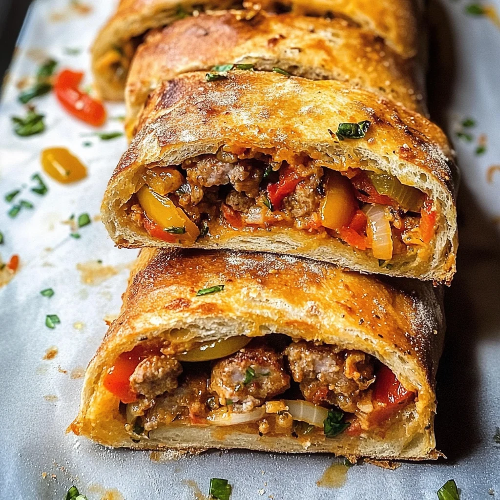 Sausage, Pepper and Onion Stromboli (Stuffed Sausage Bread)